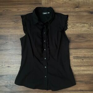 Y2K Mexx Black Short Sleeve Blouse Button Ruffle Front Cap Sleeves‎ Goth Fairy